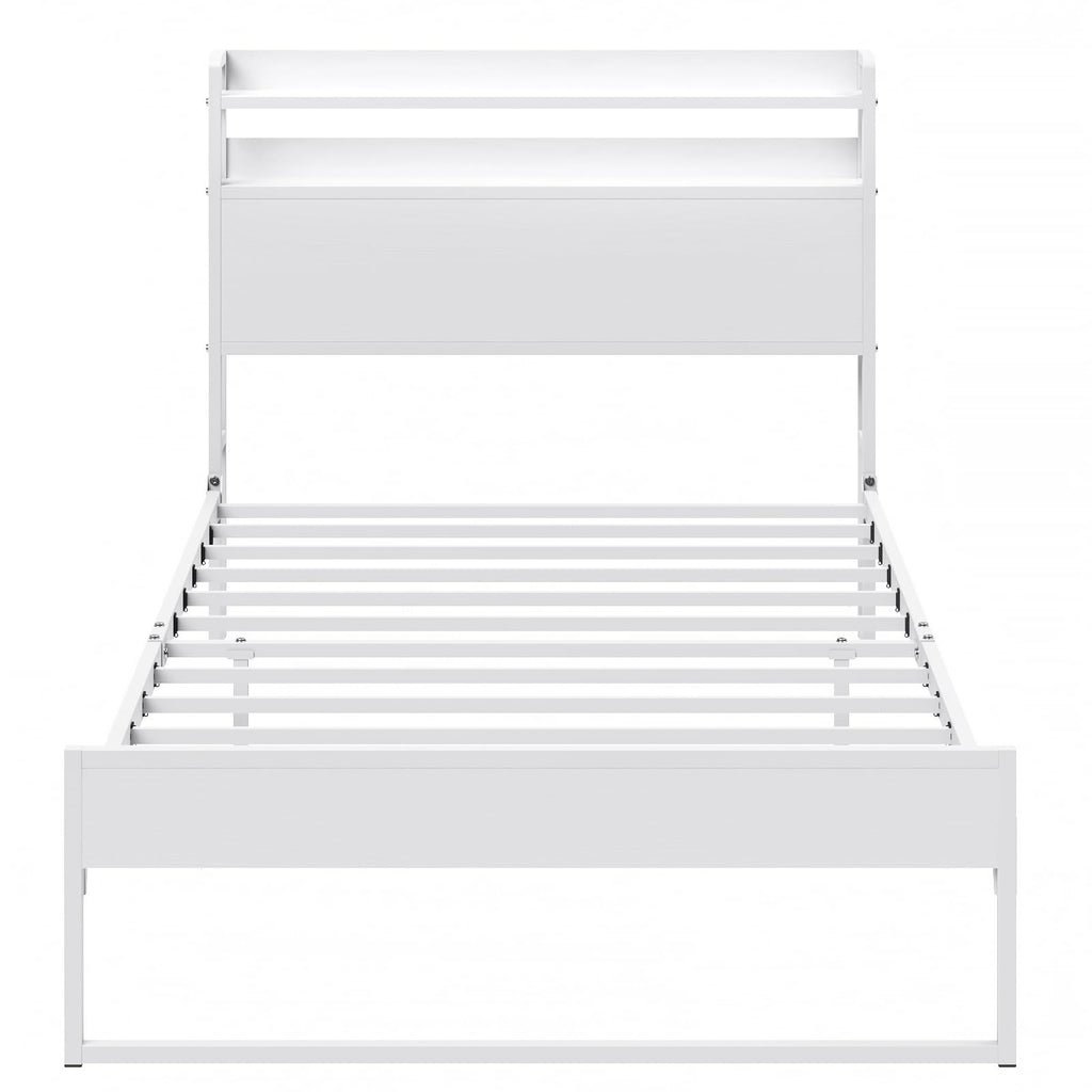 White Metal Twin Bed Frame with 2-Tier Storage Headboard F91979