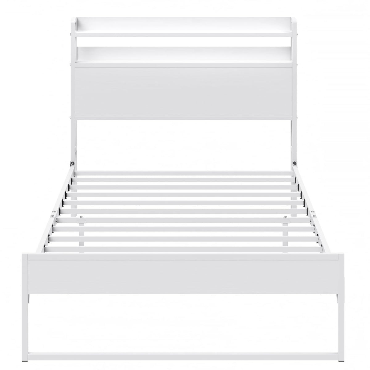 White Metal Twin Bed Frame with 2-Tier Storage Headboard F91979