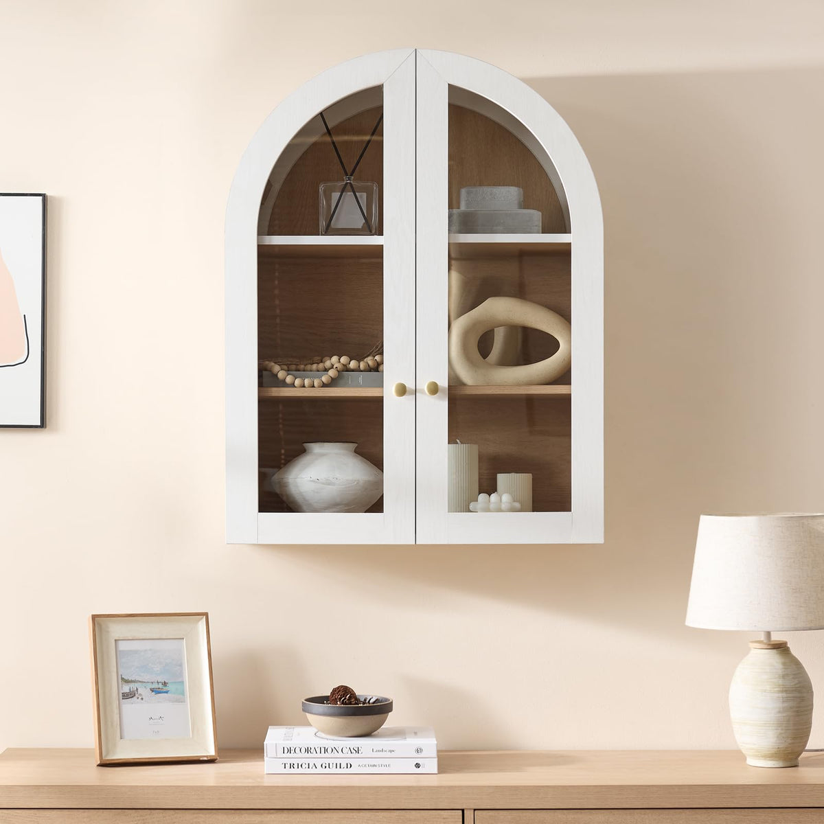 White Arched Wall Mount Bathroom Cabinet with Glass Doors S925