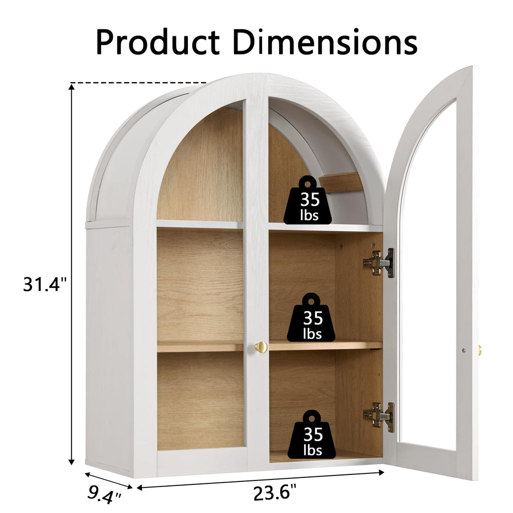 White Arched Wall Mount Bathroom Cabinet with Glass Doors S925