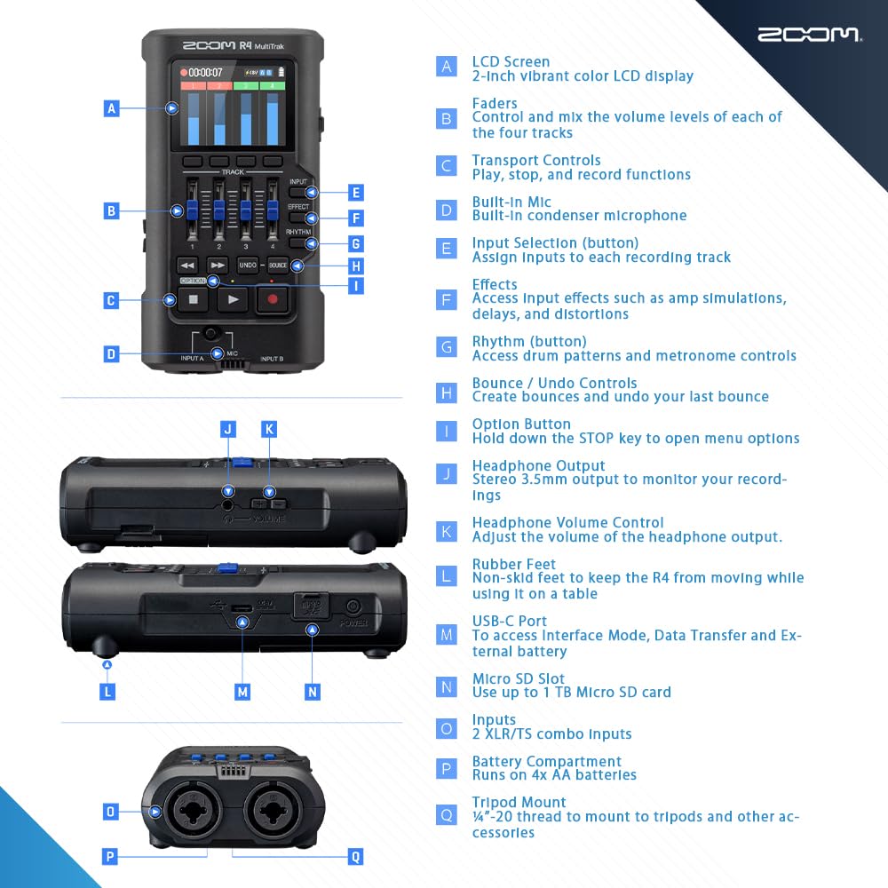 32-Bit Float 4-Track Recorder with Dual XLR/TS Inputs and Built-In Mic B97501