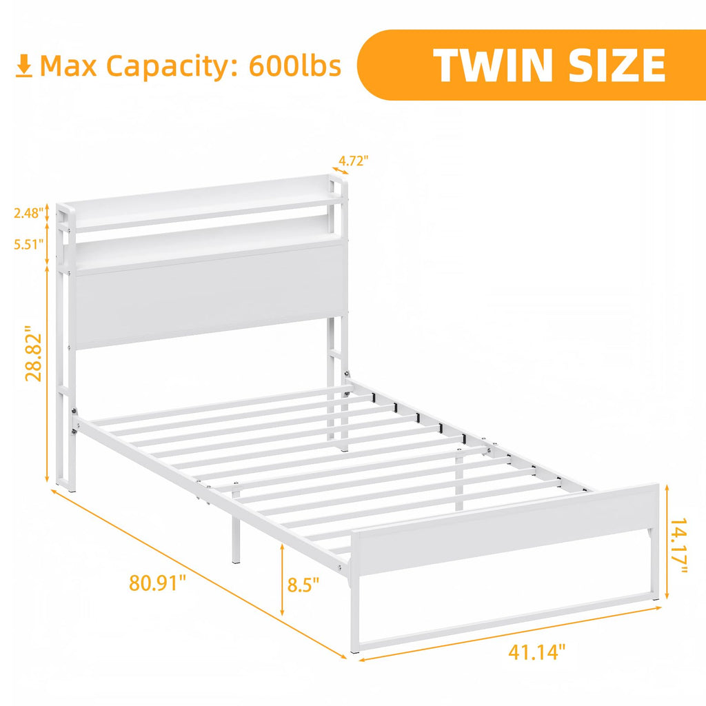 White Metal Twin Bed Frame with 2-Tier Storage Headboard F91979
