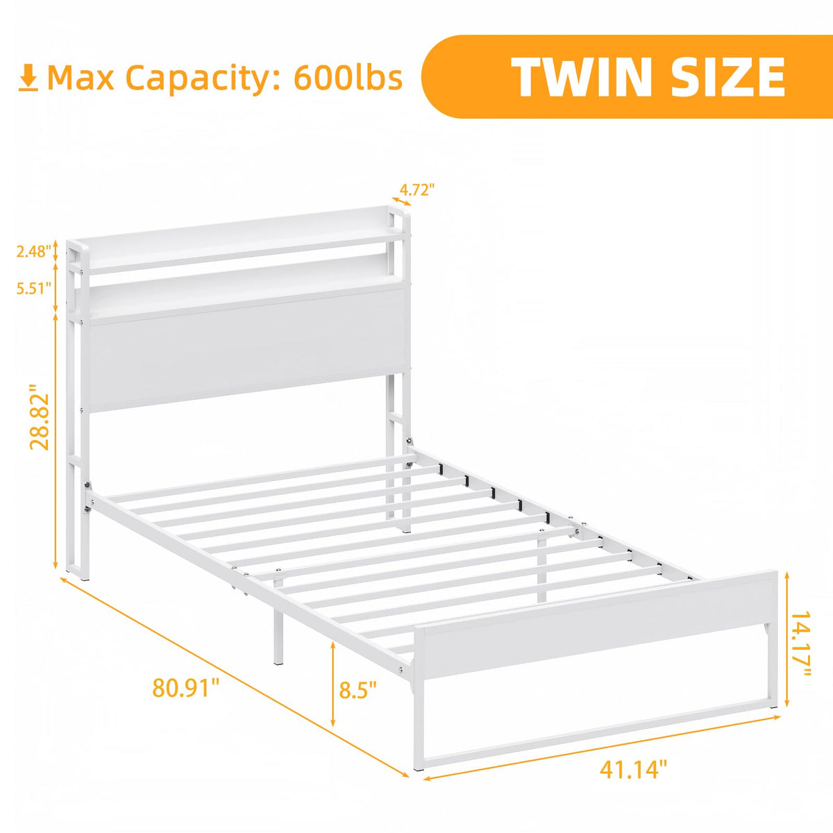 White Metal Twin Bed Frame with 2-Tier Storage Headboard F91979