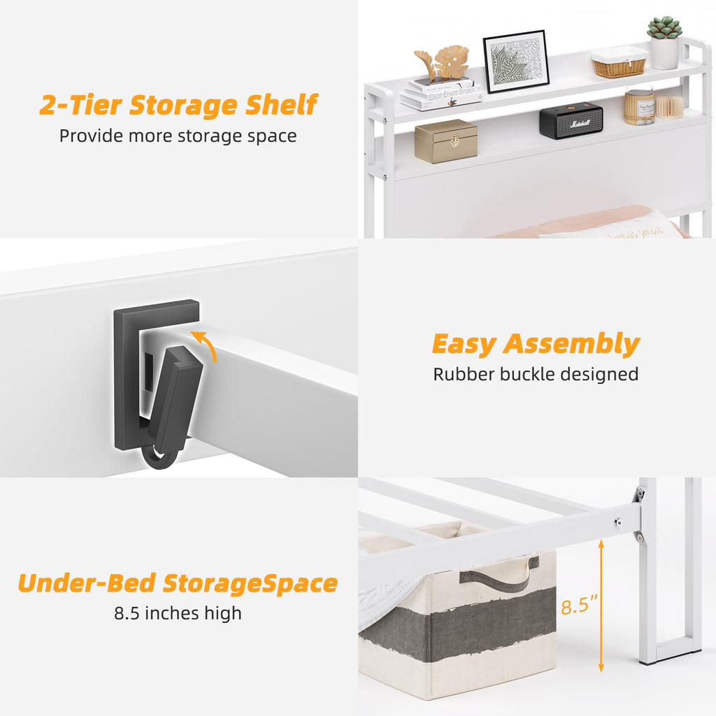 White Metal Twin Bed Frame with 2-Tier Storage Headboard F91979