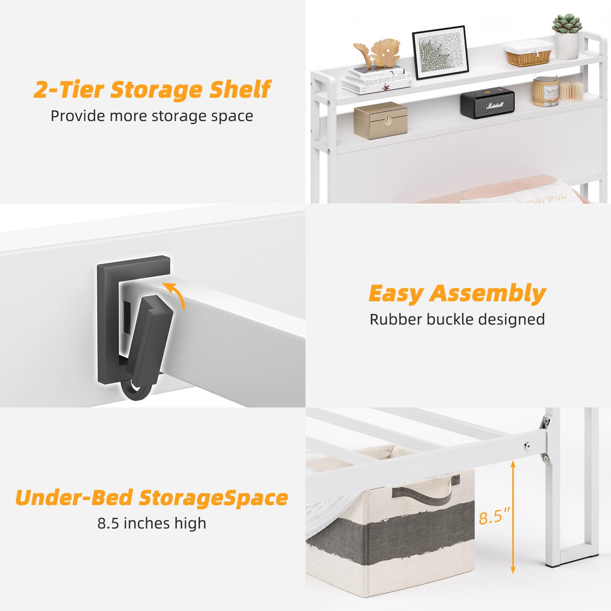 White Metal Twin Bed Frame with 2-Tier Storage Headboard F91979