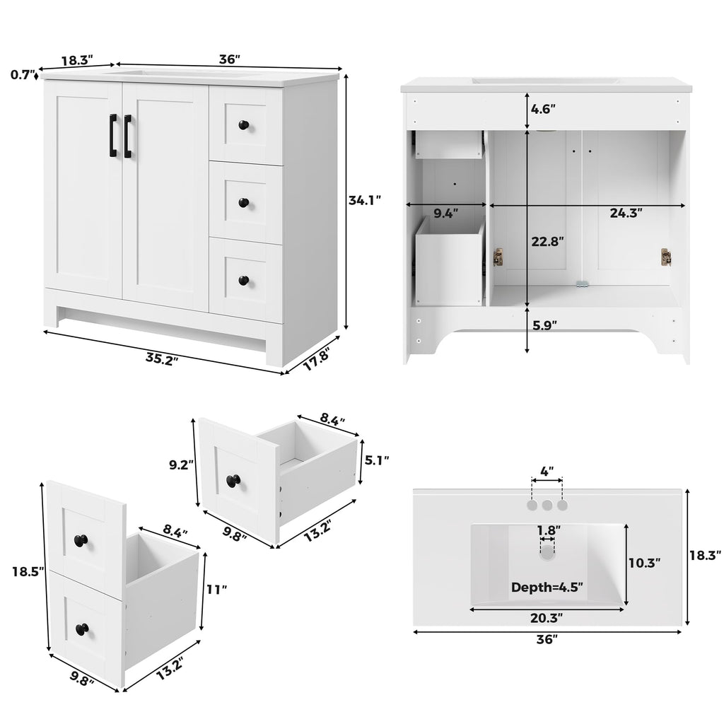 36" White Bathroom Vanity with Sink, 2 Soft-Close Drawers & Doors W72011