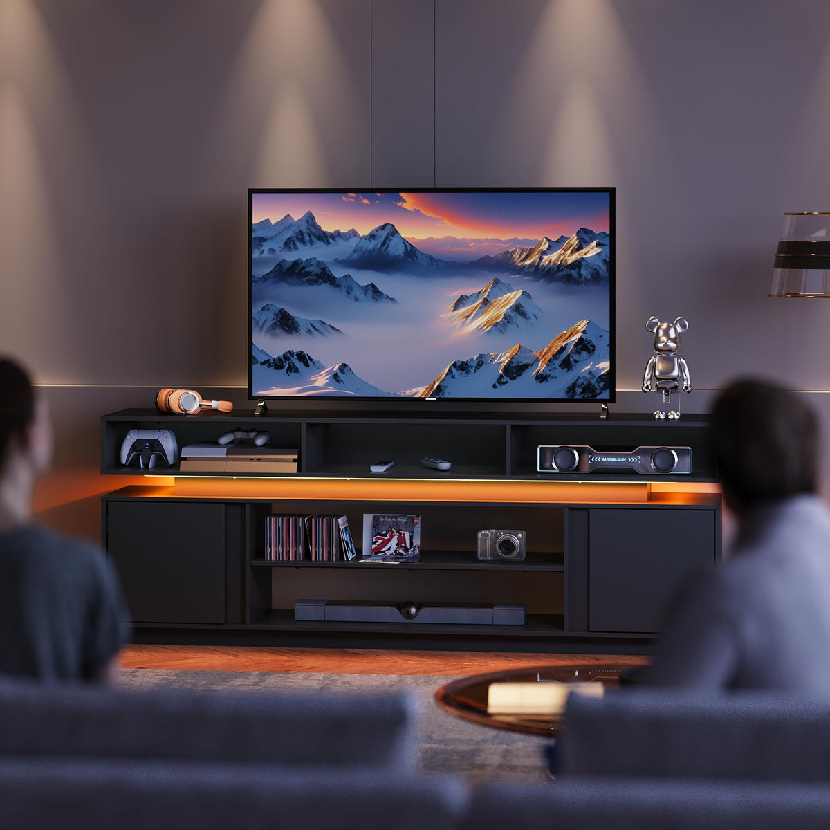 Black 2 Tier TV Stand with RGB LED Lights and Storage Cabinets W98663