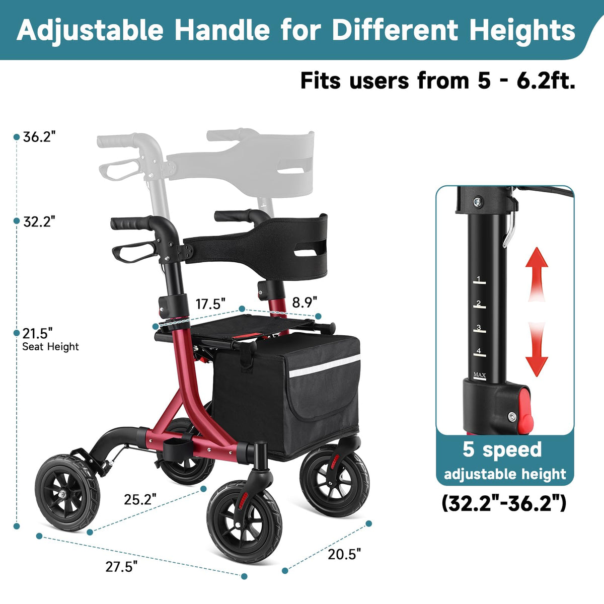 Red Foldable Rollator Walker with Seat, 8" Rubber Wheels and Backrest Q1519