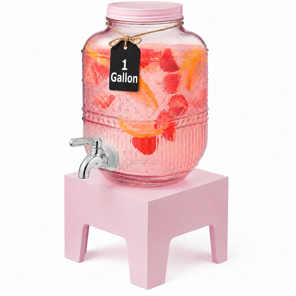 Pink Glass Beverage Dispenser with Wooden Stand, 1 Gallon Q135