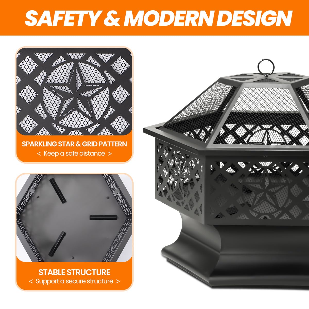 28 Inch Hexagonal Fire Pit with Spark Screen & Fire Poker Black F715