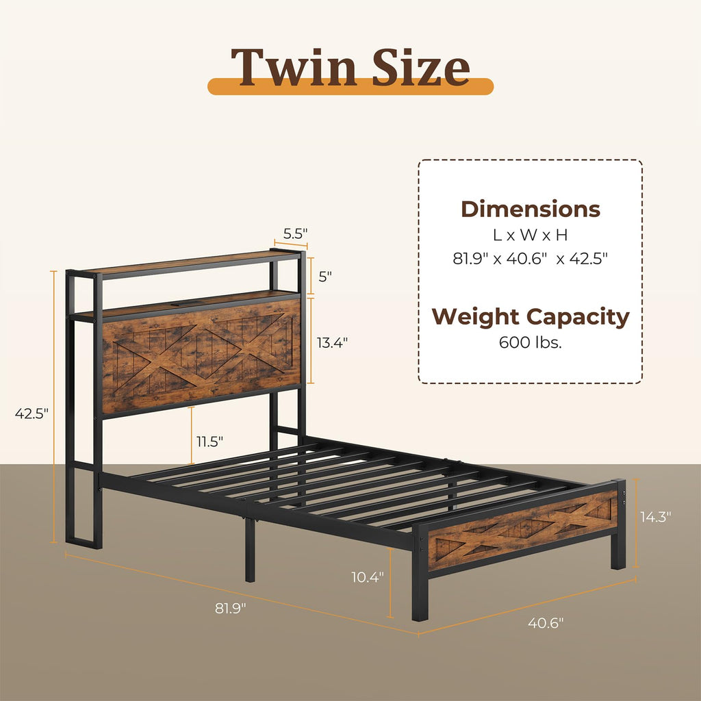 Twin Metal Bed Frame with Storage Headboard S930