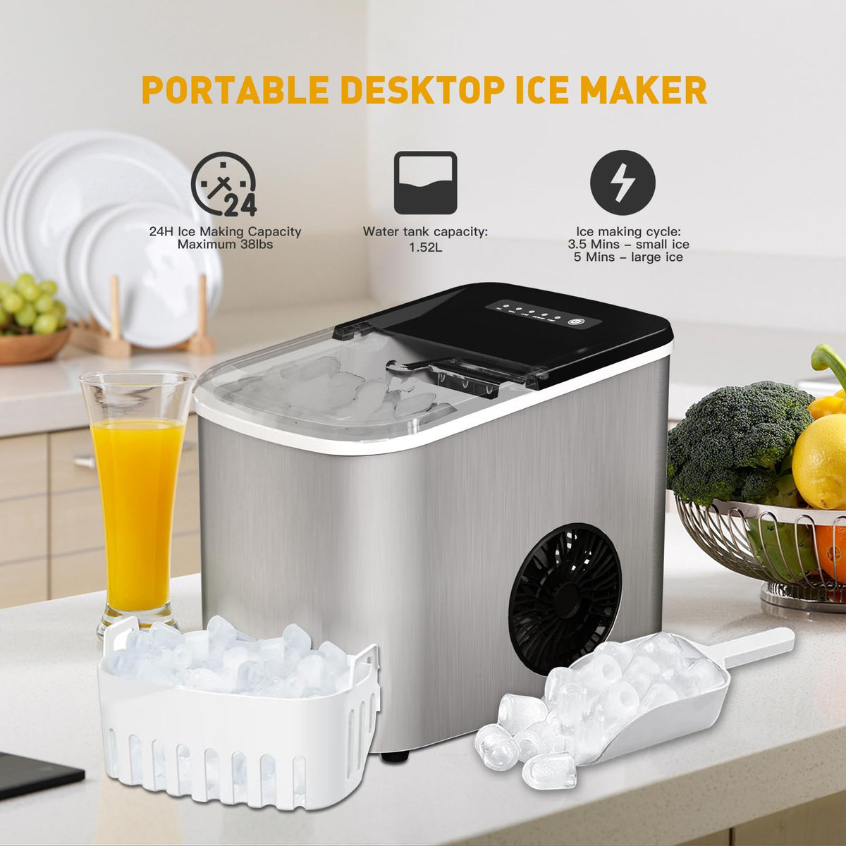 Countertop Ice Maker 38lbs Per Day 9 Ice Cubes in 3.5 Minutes Self-Cleaning Portable Ice Machine 2 Bullet Sizes S252