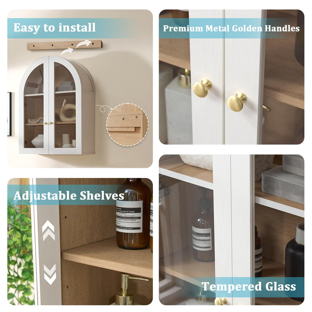 White Arched Wall Mount Bathroom Cabinet with Glass Doors S925