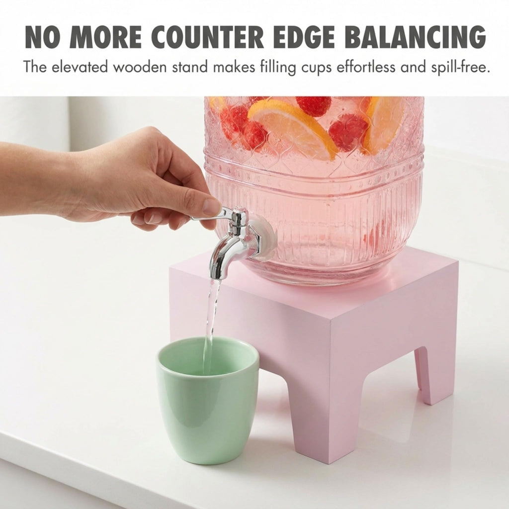 Pink Glass Beverage Dispenser with Wooden Stand, 1 Gallon Q135