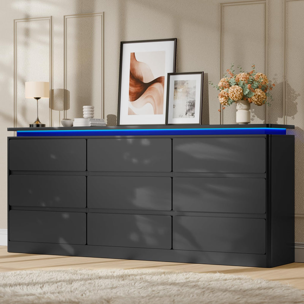 Black 9 Drawer Dresser with LED Lights P771