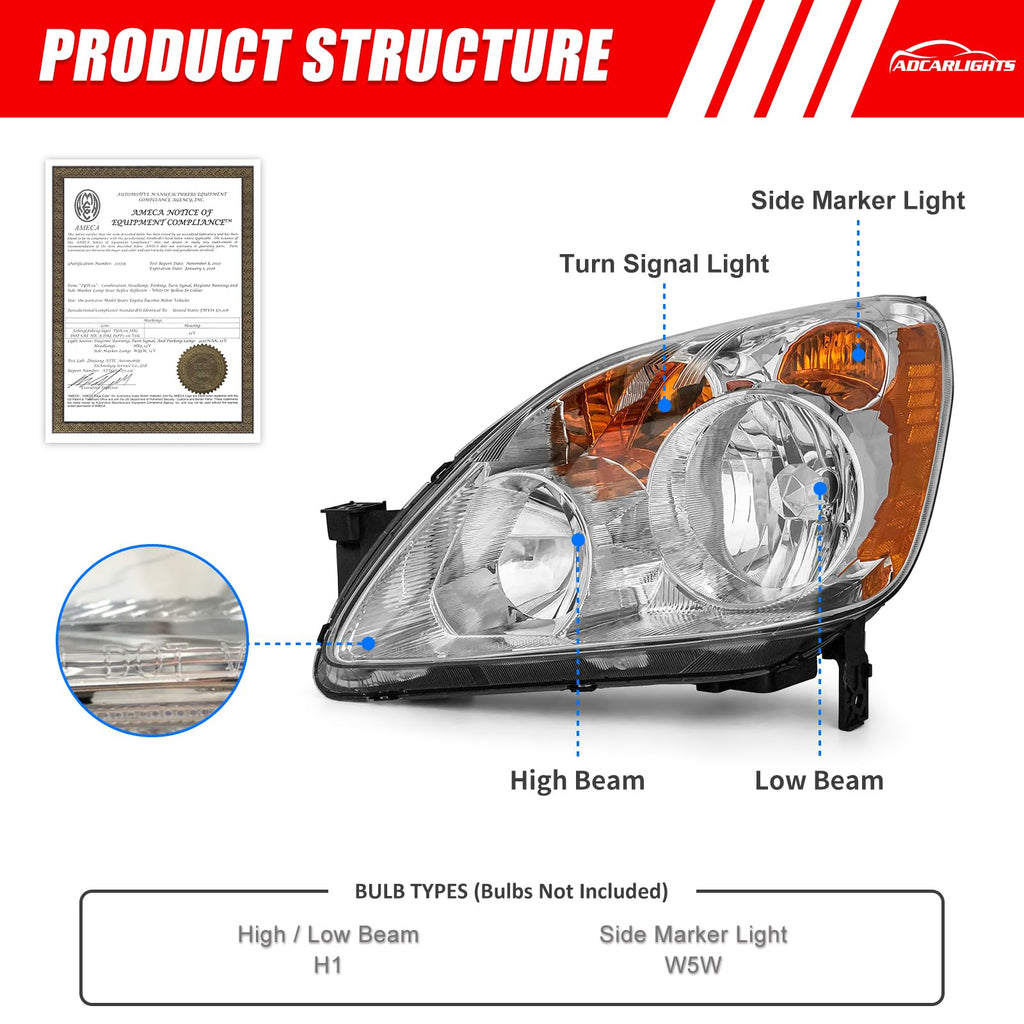 Headlight Chrome Housing Amber Reflector Replacement Pair O661683
