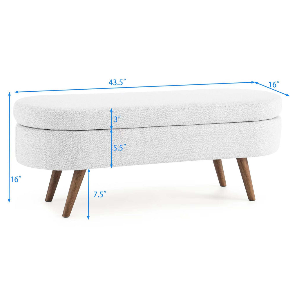 White Oval Storage Ottoman Bench with Rubber Wood Legs U74318