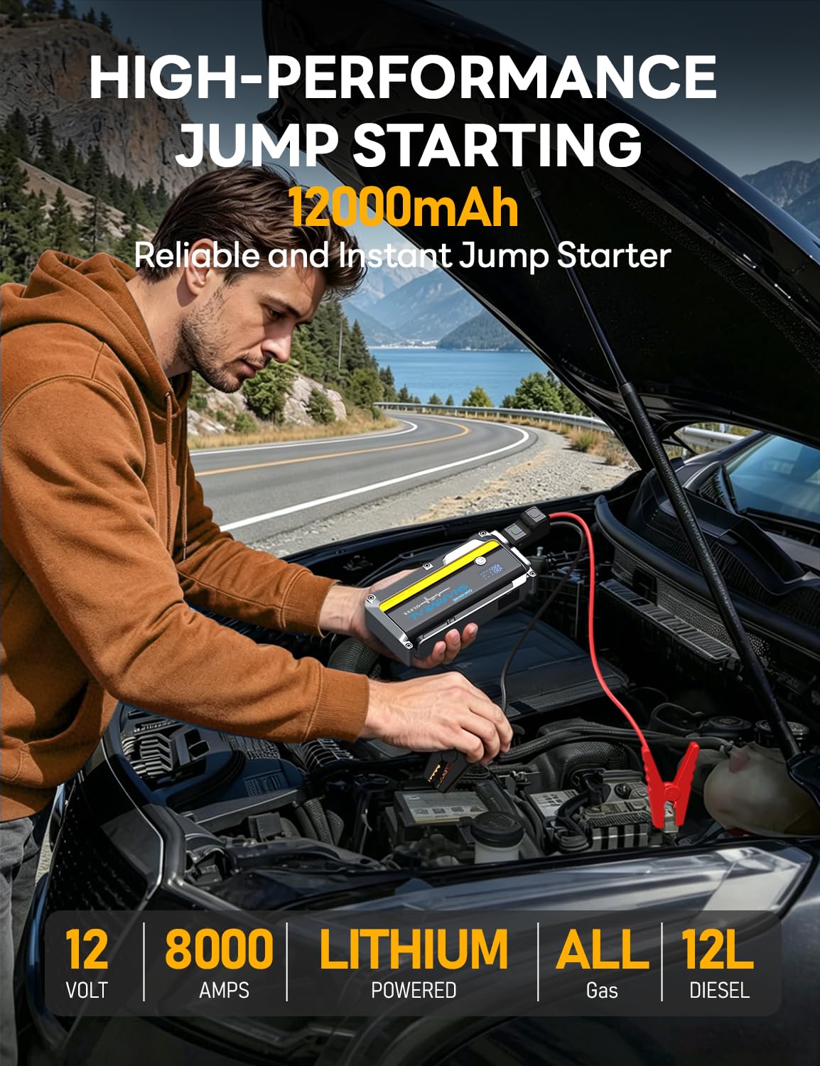 12000mAh 12V Portable Jump Starter with Flashlight and Jumper Cable I8989