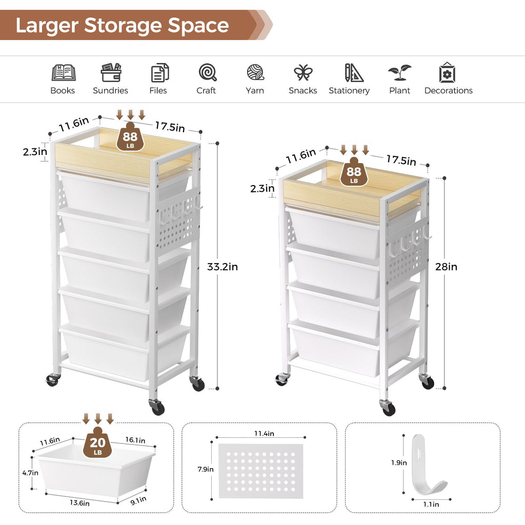 5 Tier Rolling Cart with Drawers, White I58244