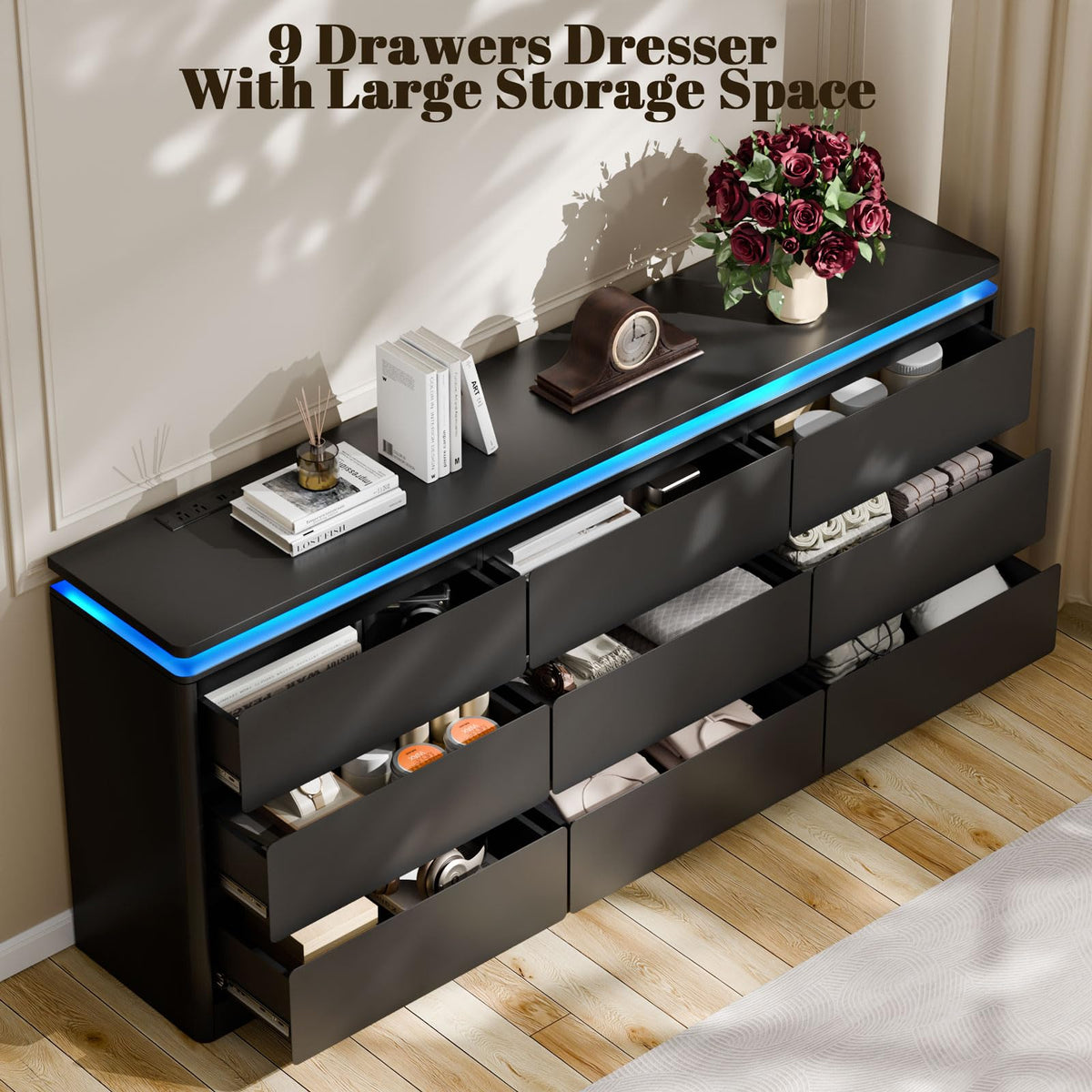 Black 9 Drawer Dresser with LED Lights P771