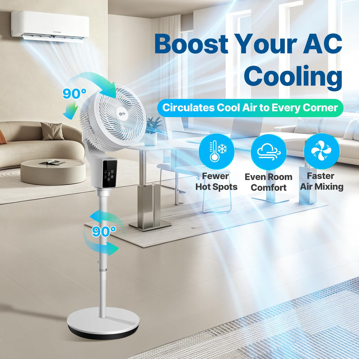 Oscillating Fan, 360° Air Circulator Pedestal Fan, 43.3” Adjustable Height J2469