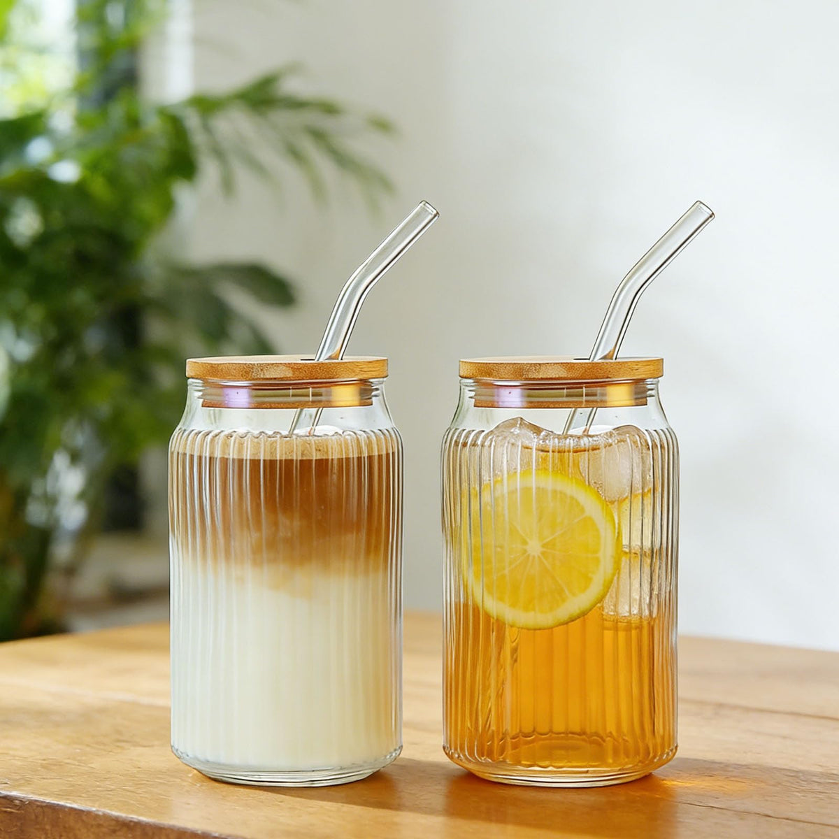 2 PCS 16 OZ Ribbed Glass Tumbler with Lids and Straws M679