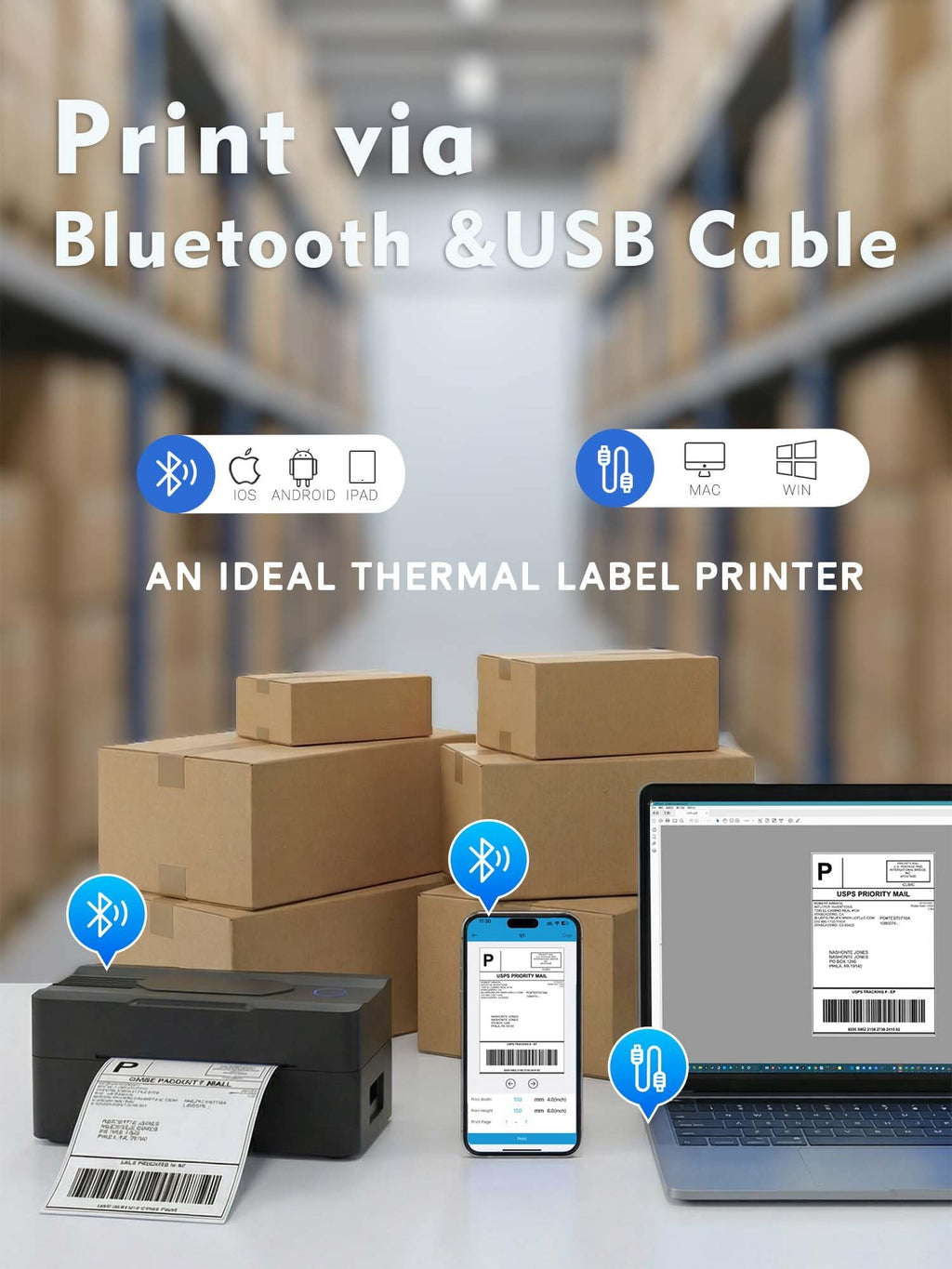Bluetooth Thermal Shipping Label Printer 4x6 Black V646