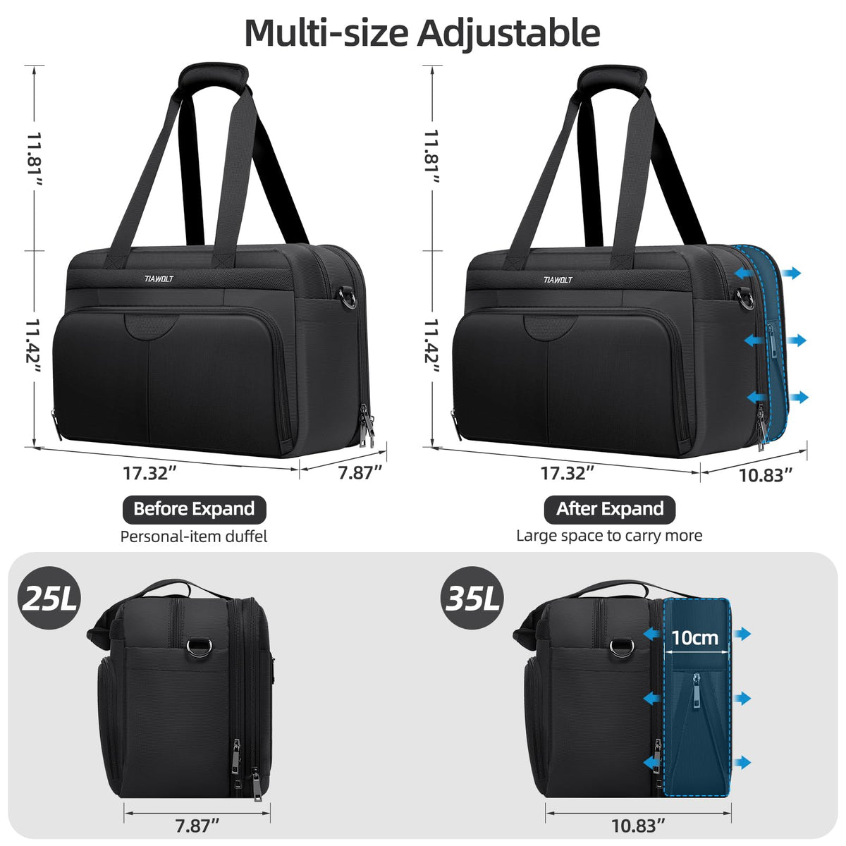Black Expandable Carry-On Luggage Duffel Bag with Adjustable Strap E85718