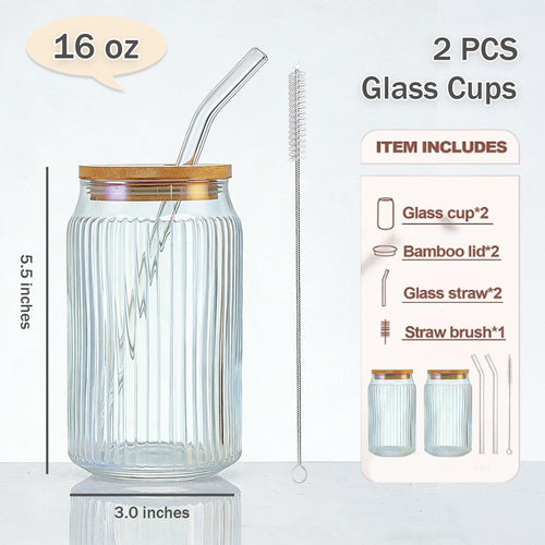 2 PCS 16 OZ Ribbed Glass Tumbler with Lids and Straws M679