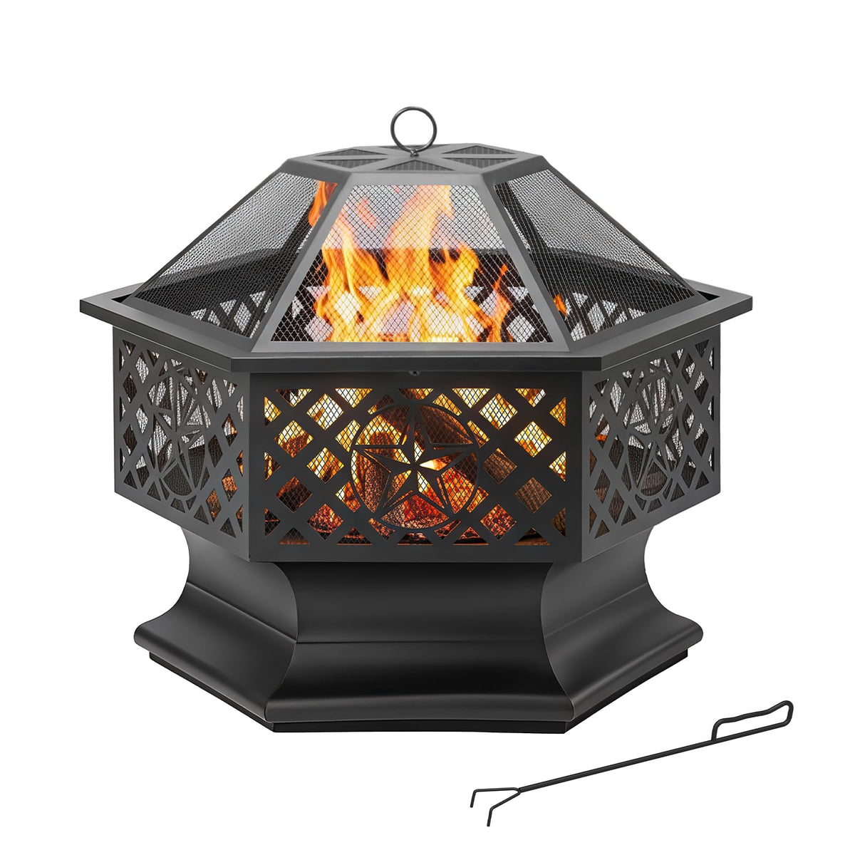 28 Inch Hexagonal Fire Pit with Spark Screen & Fire Poker Black F715