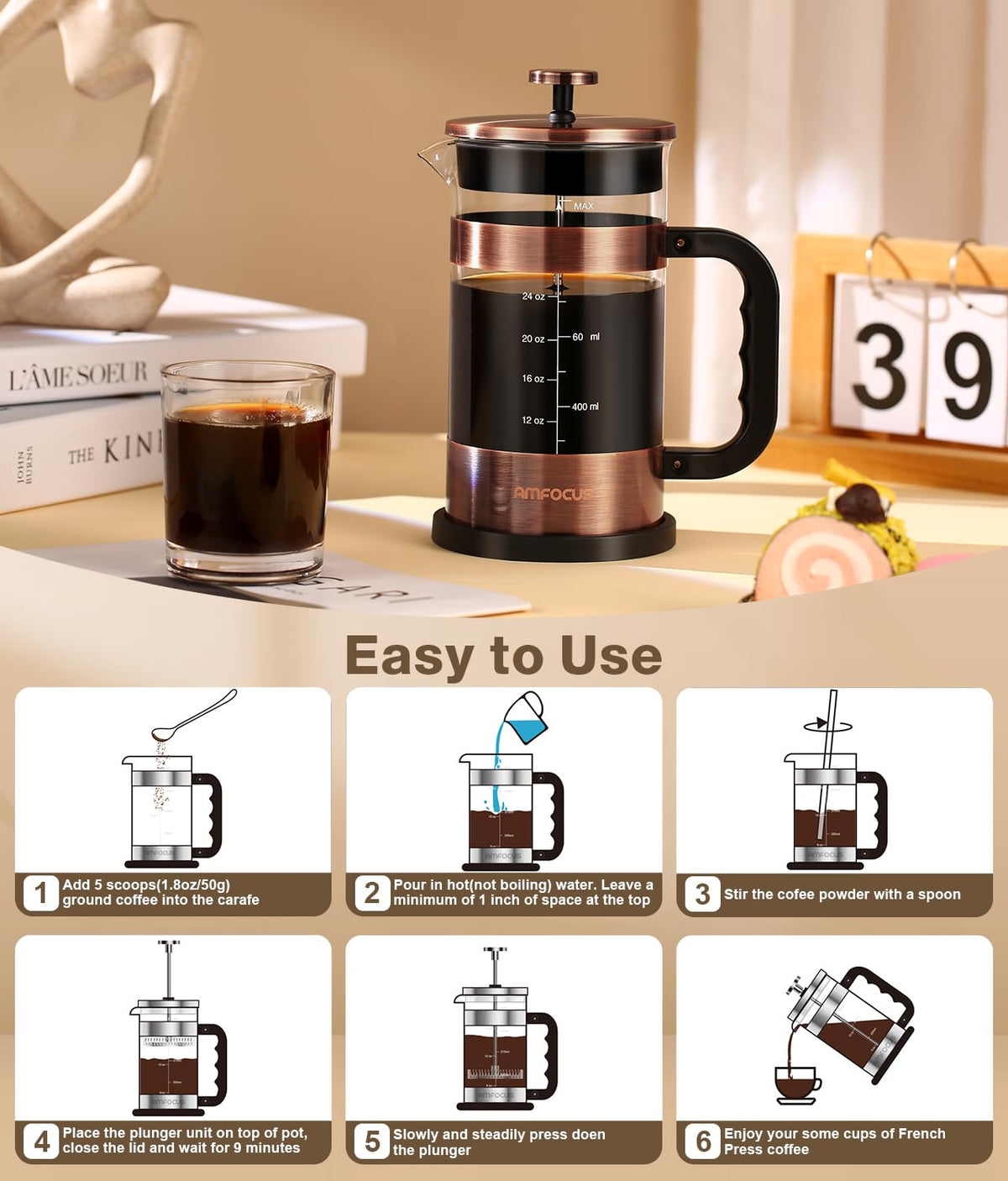 34 Ounce Stainless Steel French Press Coffee Maker X4038