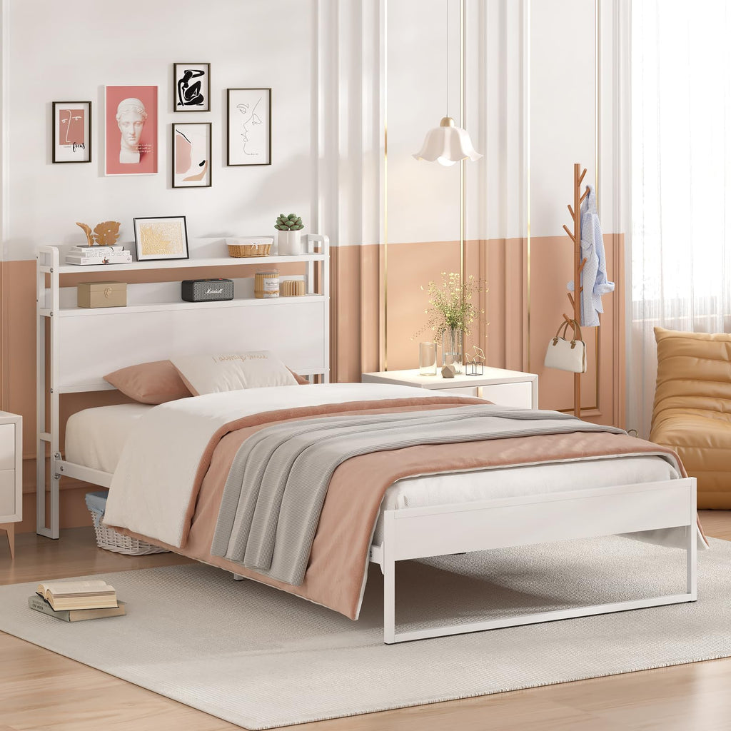 White Metal Twin Bed Frame with 2-Tier Storage Headboard F91979