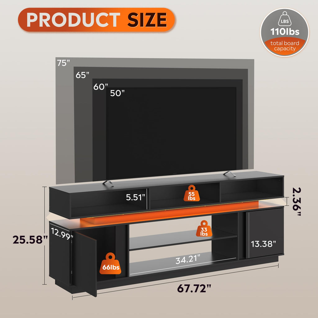 Black 2 Tier TV Stand with RGB LED Lights and Storage Cabinets W98663