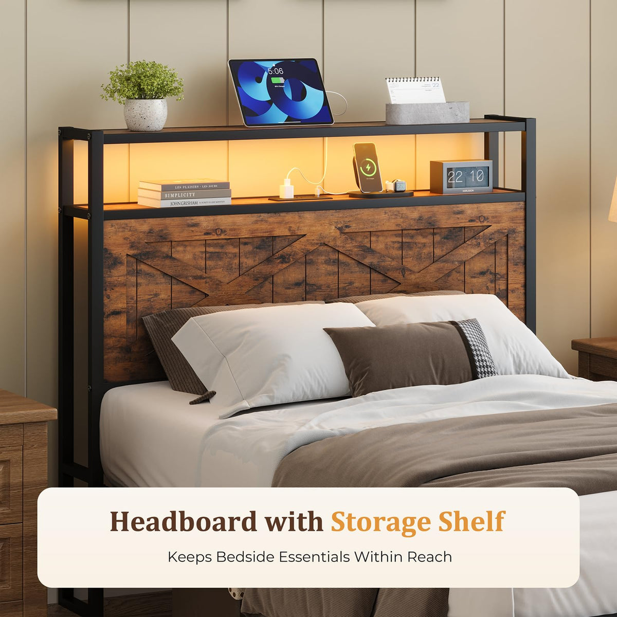 Twin Metal Bed Frame with Storage Headboard S930