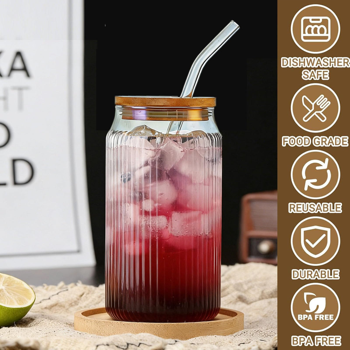2 PCS 16 OZ Ribbed Glass Tumbler with Lids and Straws M679