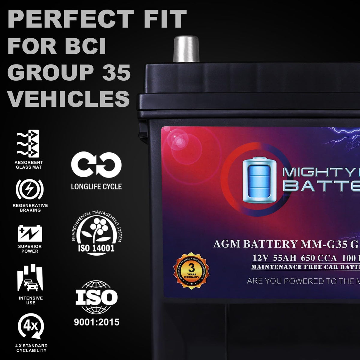12V 55Ah AGM 650 CCA Replacement Battery N85449