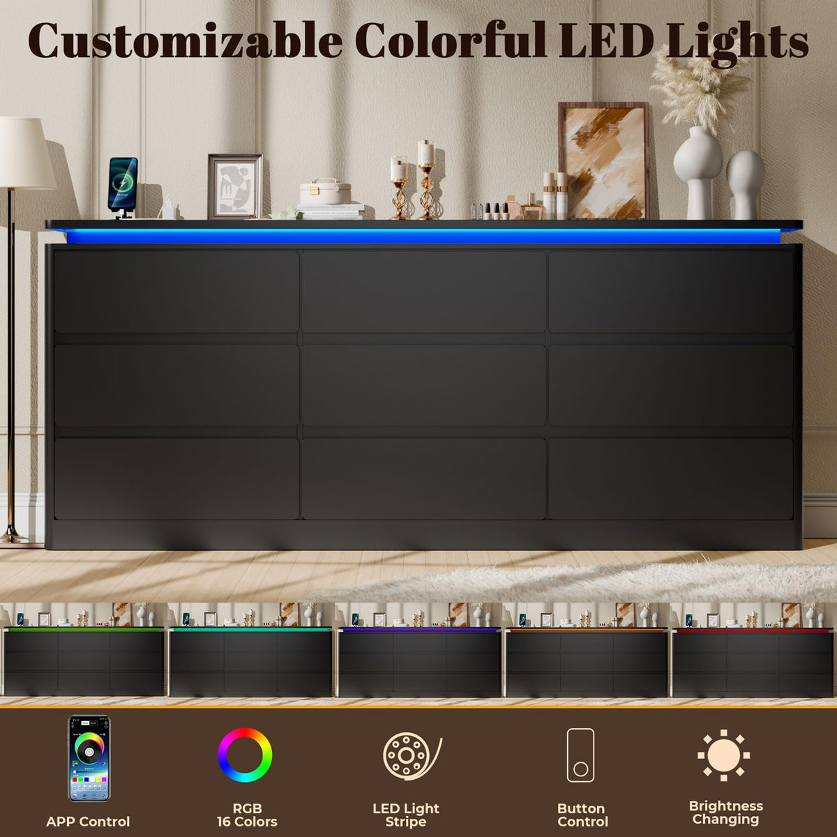 Black 9 Drawer Dresser with LED Lights P771