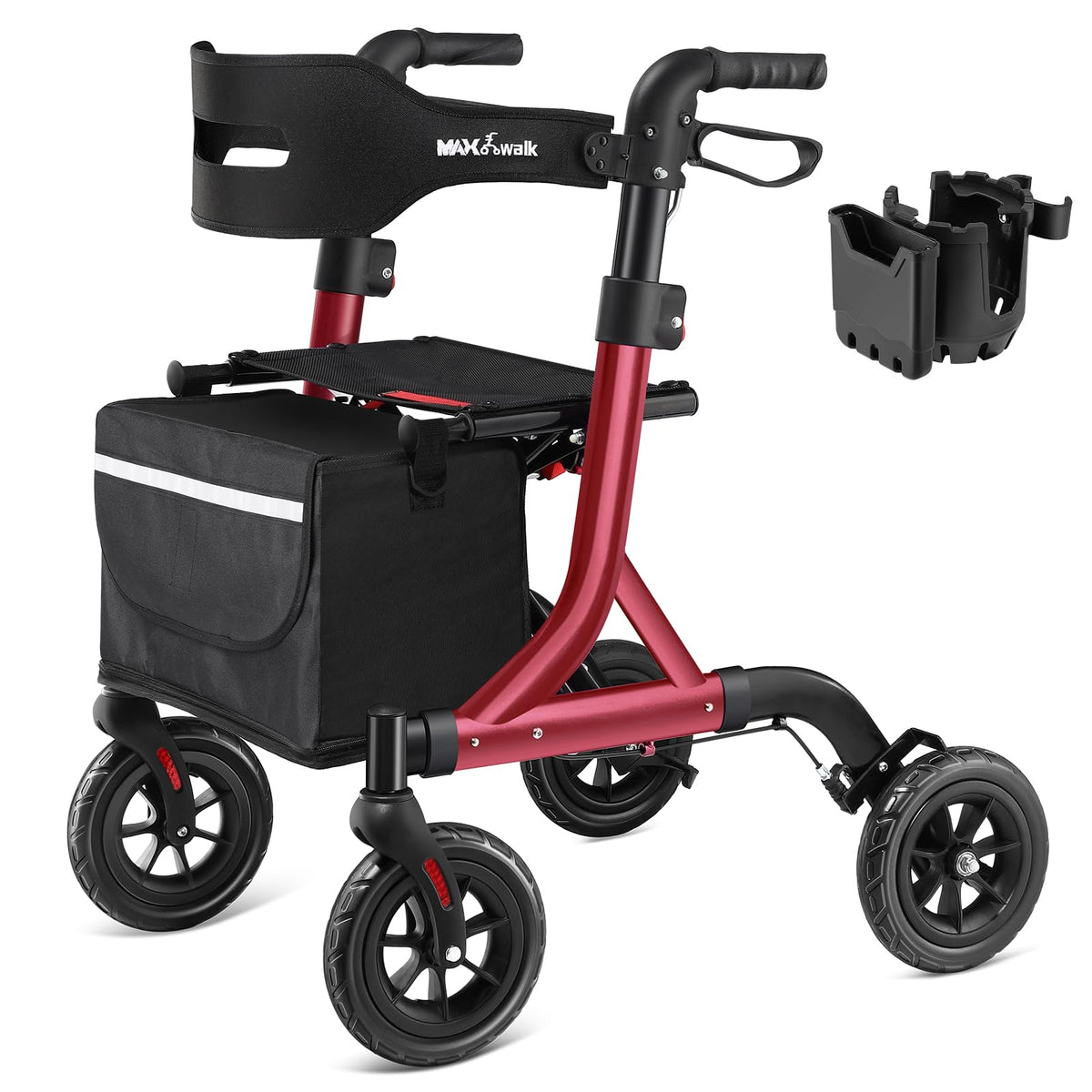 Red Foldable Rollator Walker with Seat, 8" Rubber Wheels and Backrest Q1519