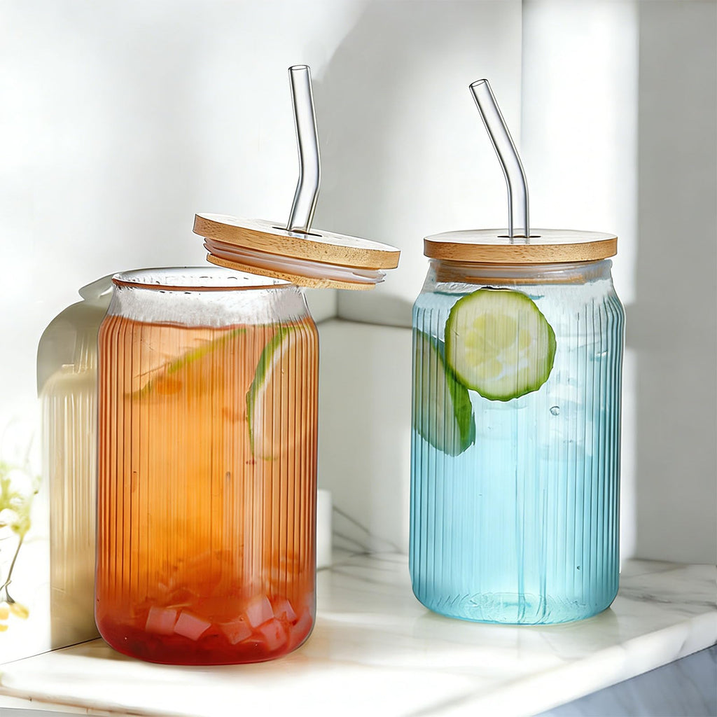 2 PCS 16 OZ Ribbed Glass Tumbler with Lids and Straws M679