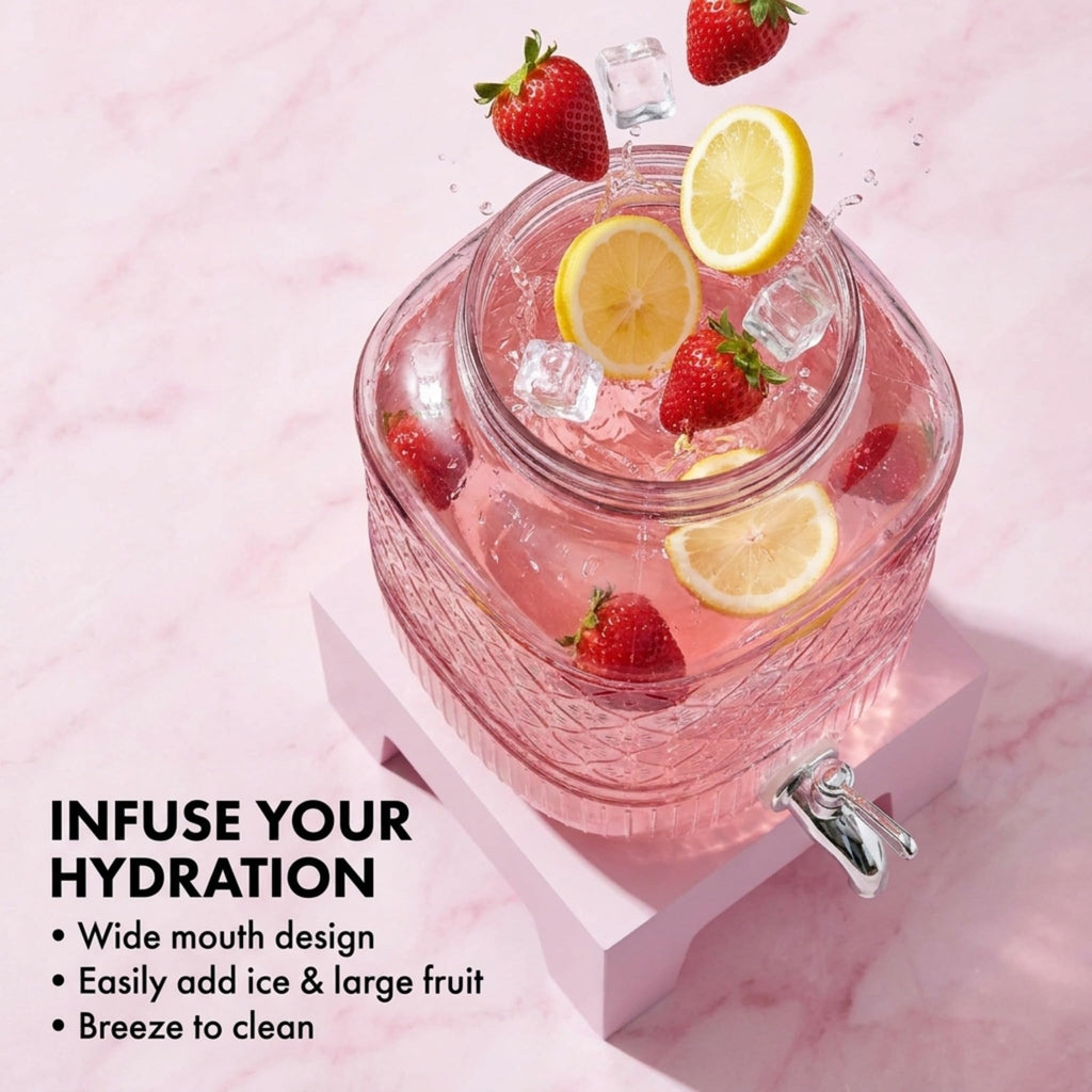 Pink Glass Beverage Dispenser with Wooden Stand, 1 Gallon Q135