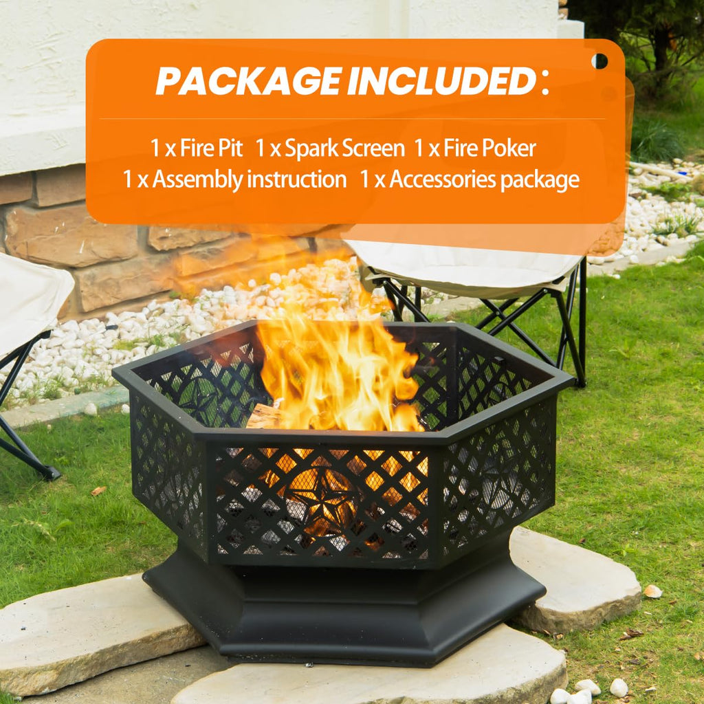 28 Inch Hexagonal Fire Pit with Spark Screen & Fire Poker Black F715