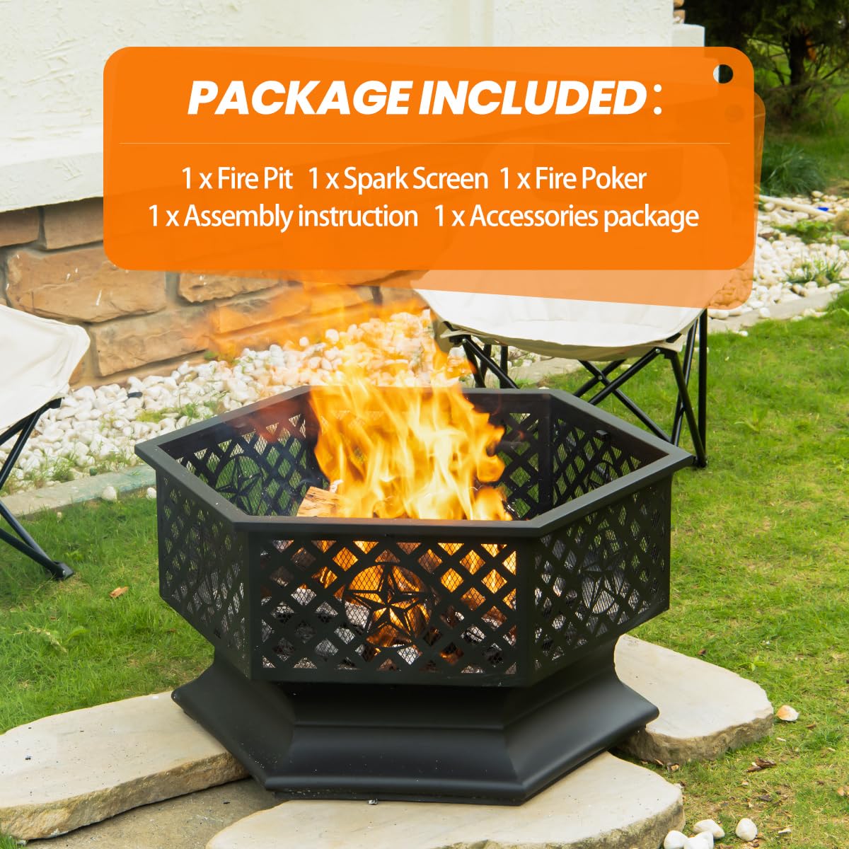28 Inch Hexagonal Fire Pit with Spark Screen & Fire Poker Black F715