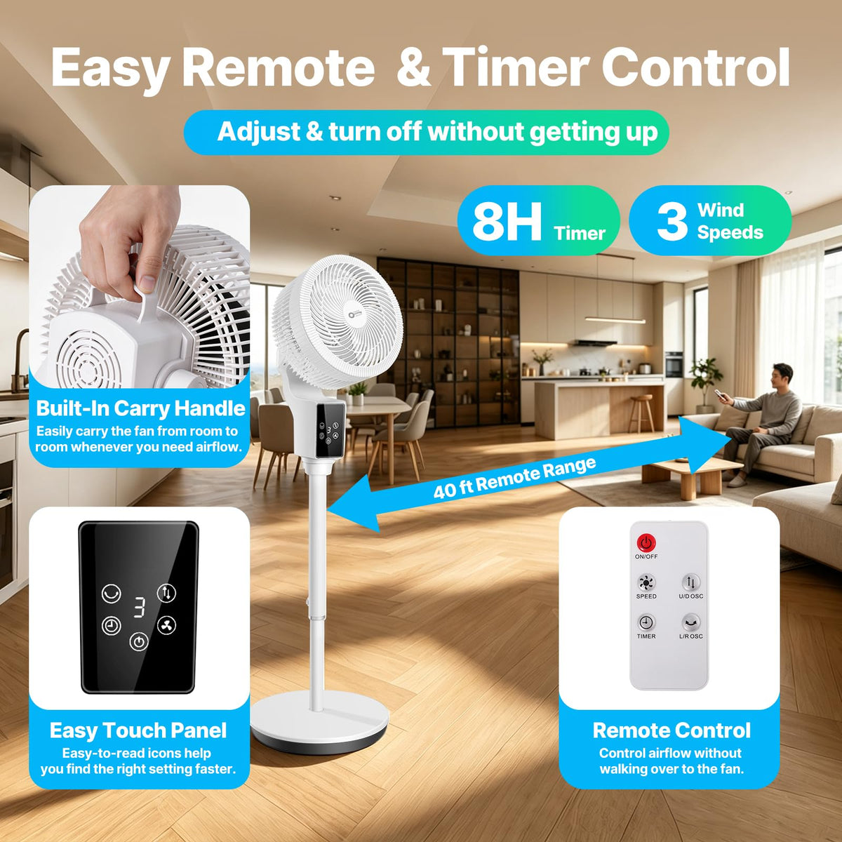Oscillating Fan, 360° Air Circulator Pedestal Fan, 43.3” Adjustable Height J2469
