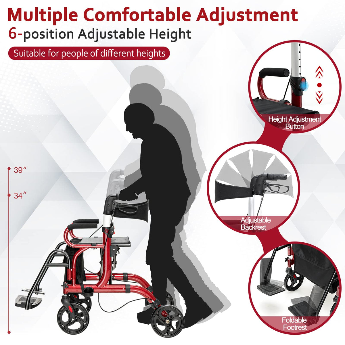 2-in-1 Folding Rollator Walker with Seat, Red O2156