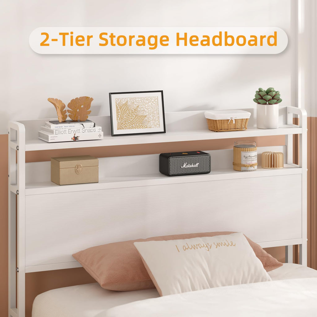 White Metal Twin Bed Frame with 2-Tier Storage Headboard F91979