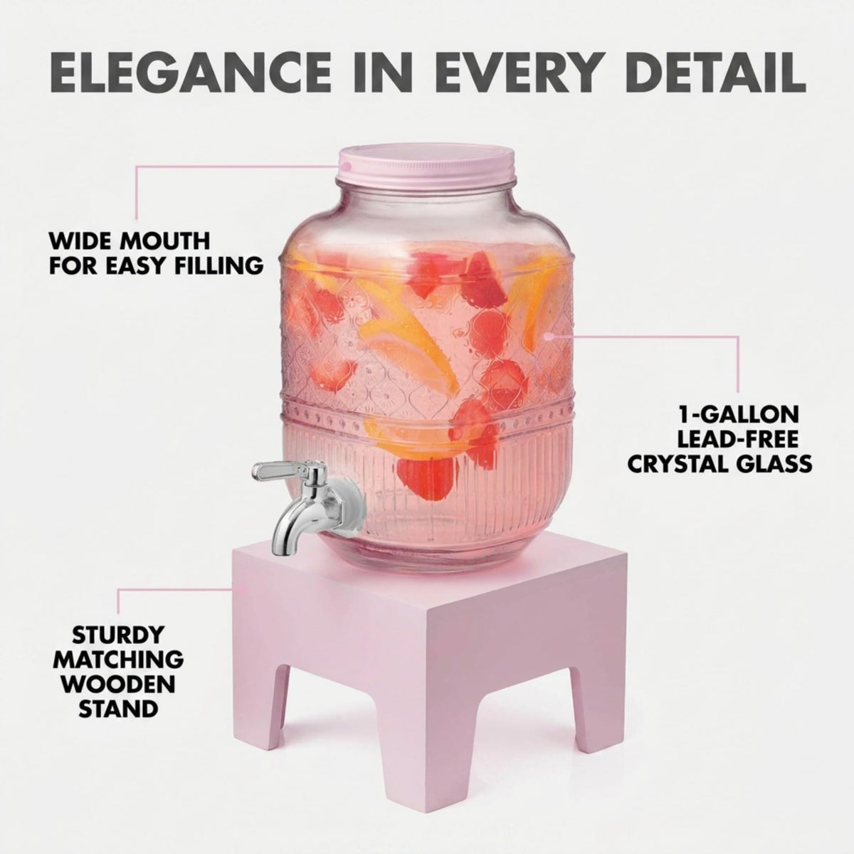 Pink Glass Beverage Dispenser with Wooden Stand, 1 Gallon Q135