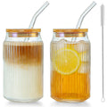 2 PCS 16 OZ Ribbed Glass Tumbler with Lids and Straws M679
