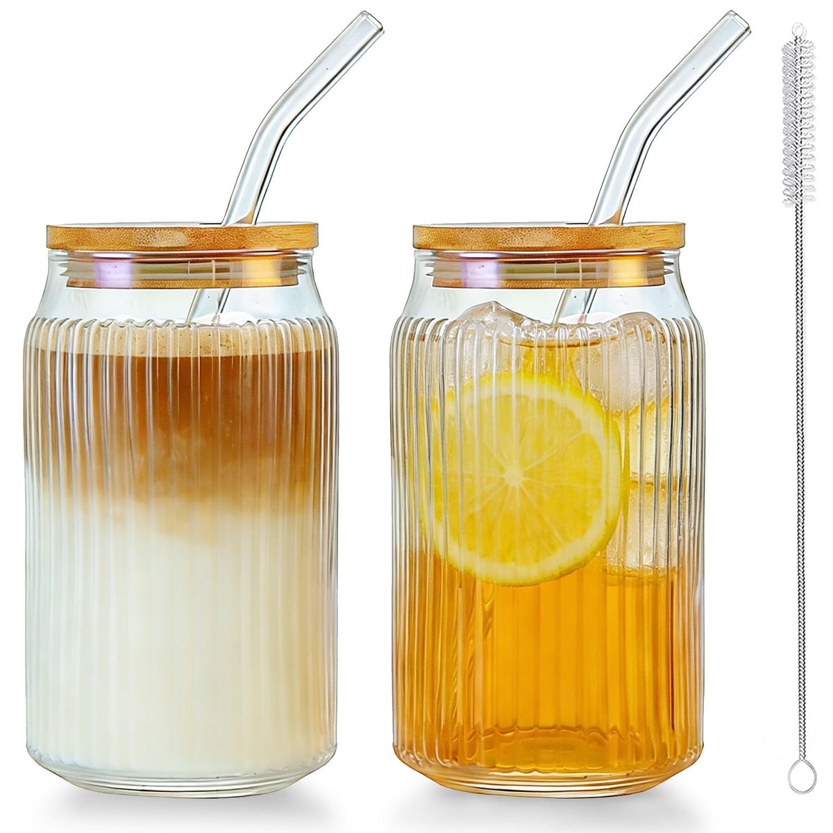 2 PCS 16 OZ Ribbed Glass Tumbler with Lids and Straws M679
