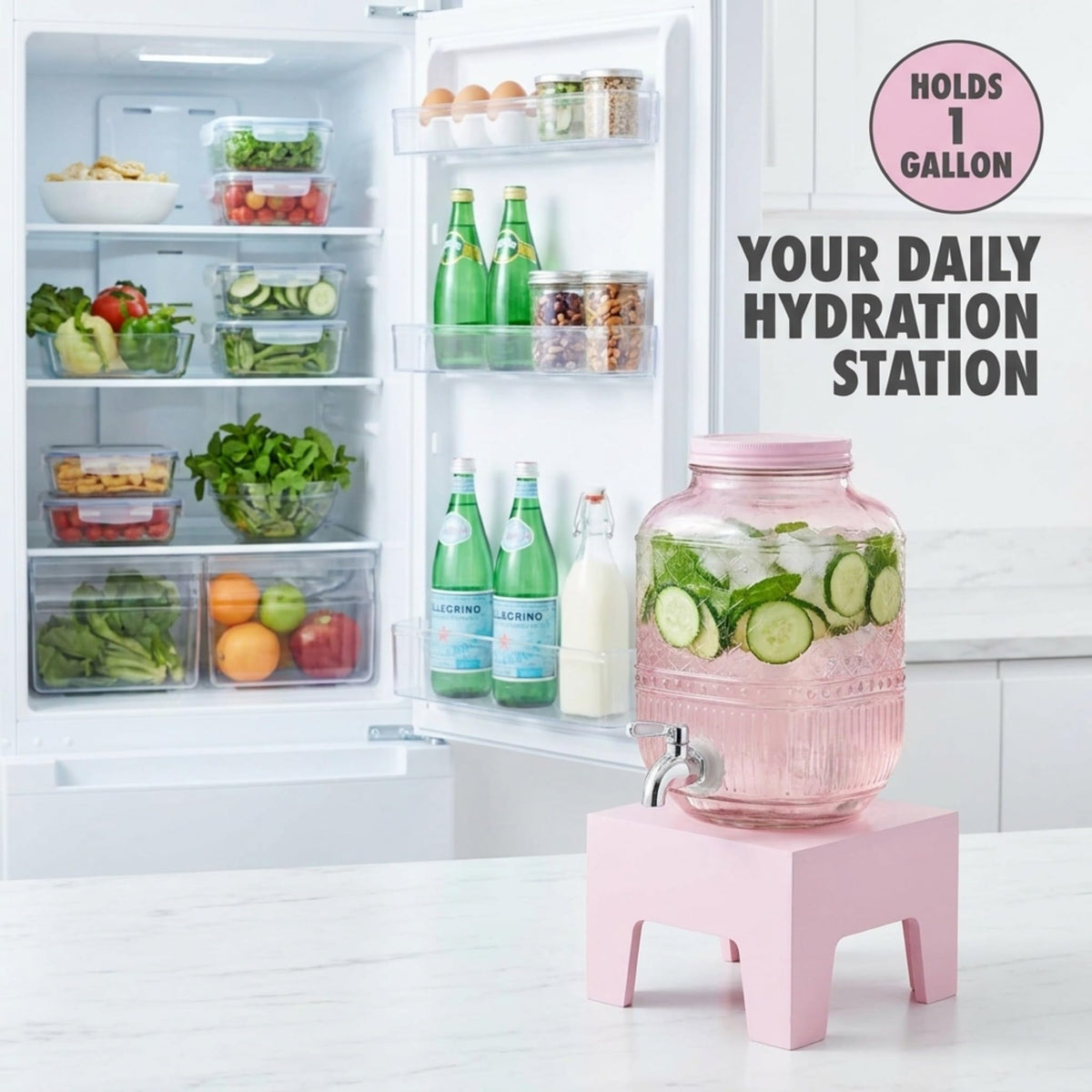 Pink Glass Beverage Dispenser with Wooden Stand, 1 Gallon Q135