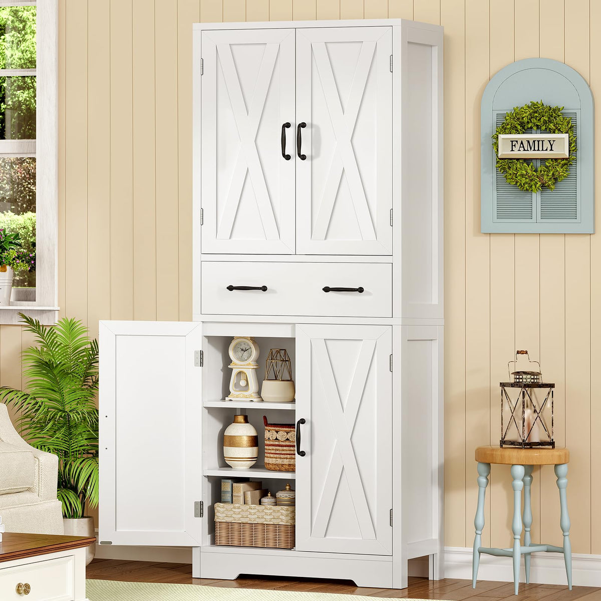 White Storage Cabinet with 2 Adjustable Shelves and Drawer I514